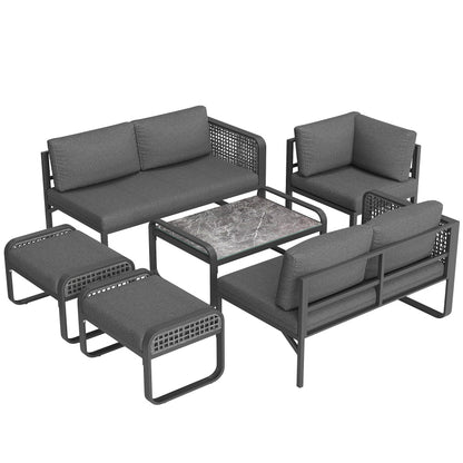 Garten-Lounge-Set, Rattan-Möbel-Set für 6-7 Personen, Ecksofa mit verzinktem Eisengestell, verstellbare Beine, inklusive aller Sitz- und Rückenkissen, grau