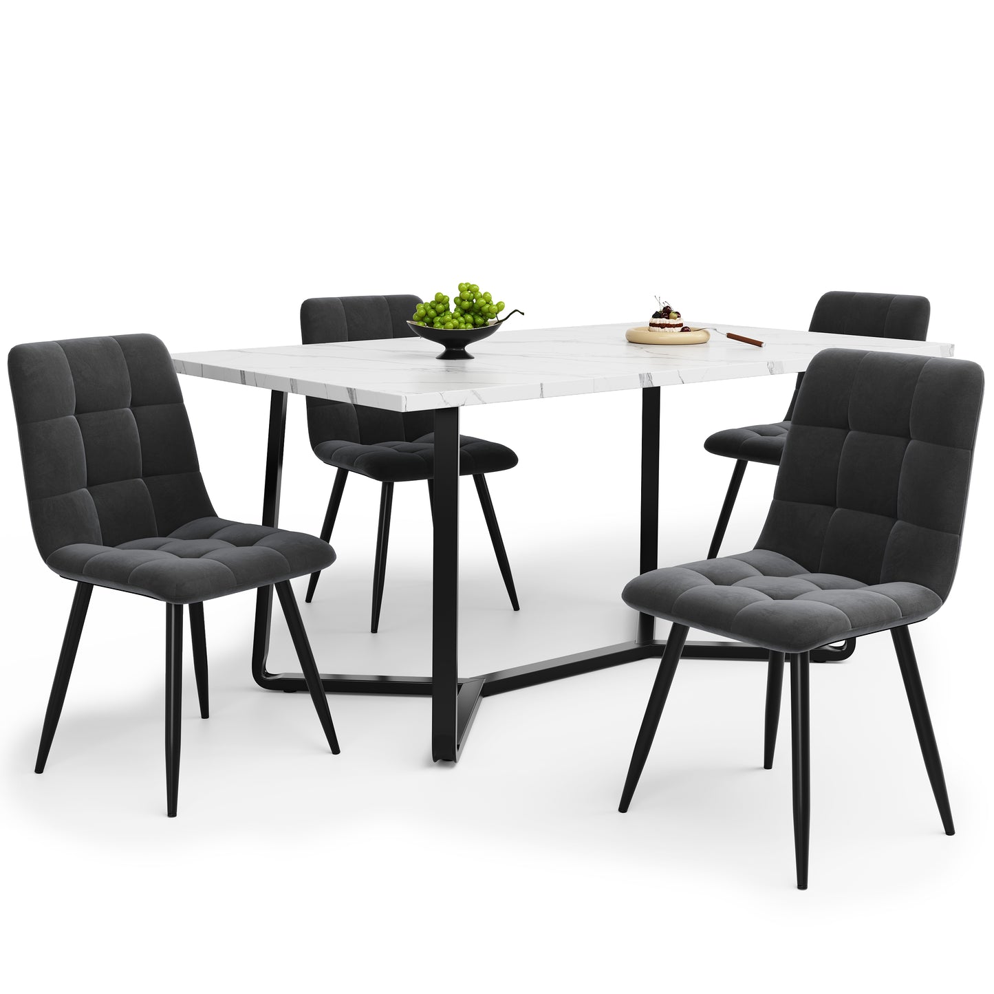 Esstisch und Stühle Set (5 Stück), Esszimmer-Set mit 4 Stühlen, marmorierte Tischplatte, schwarze Tischbeine, graue Samt-Esszimmerstühle
