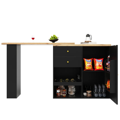 Um 360° drehbarer Bartisch (Hauptkörper 105 x 39 x 102 cm), mit 2 Schubladen und Schiebetürschrank, 3 Ebenen offener Stauraum, geeignet für Esszimmer/Arbeitszimmer/Wohnzimmer usw