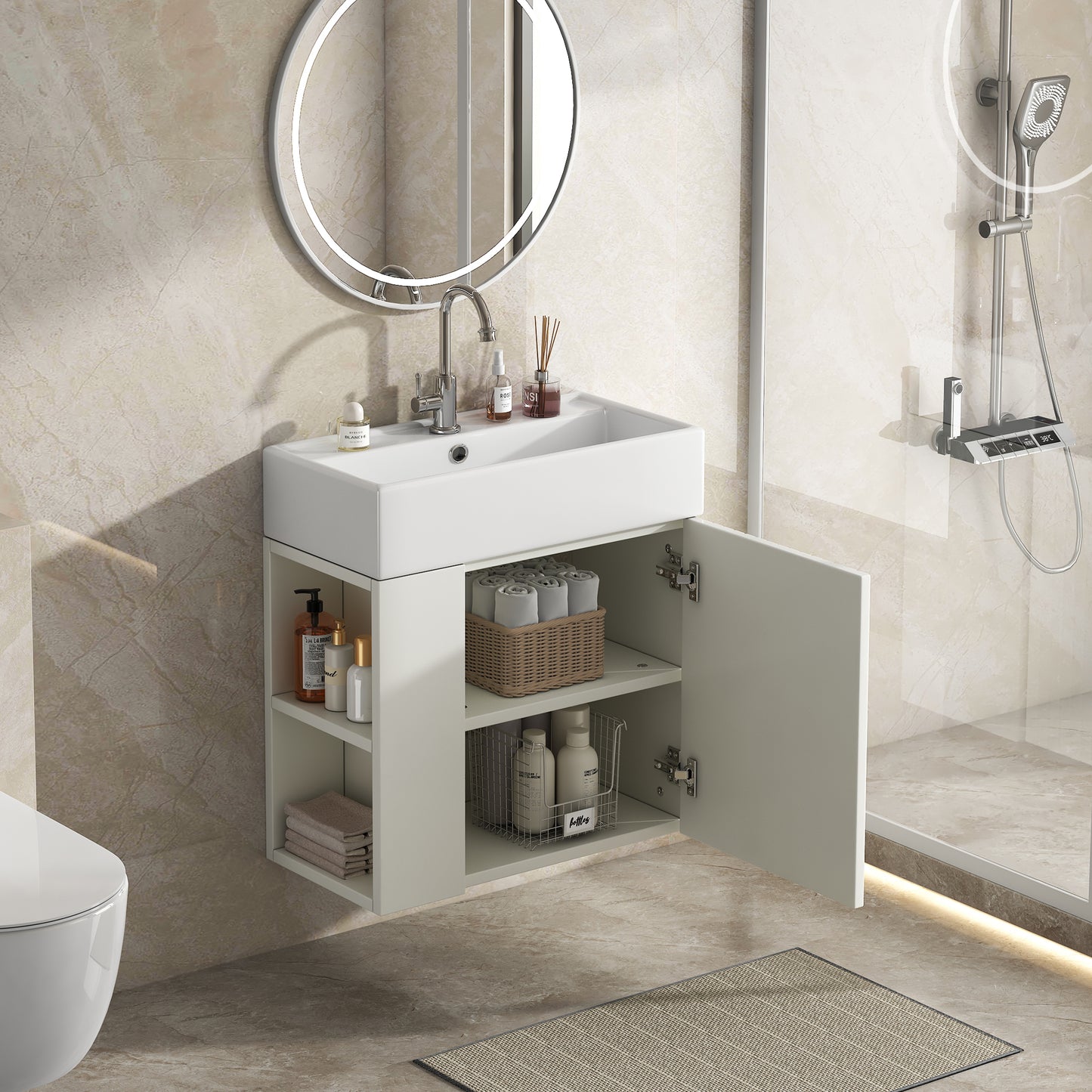 Waschbecken mit Waschtischunterschrank, Waschtischunterschrank , Waschtischunterschrank hängend hellgrau , Kleine Gästebad Möbel, White