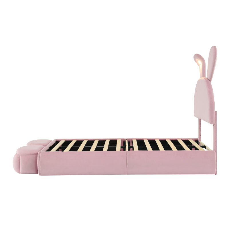 Polsterbett, Einzelbett, Hasenohren mit einstellbarer Helligkeit warmfarbenen Lichtstreifen, mit zwei Aufbewahrungshockern, Kinderbett mit Holzlatten, Samt, Rosa, 90x200cm