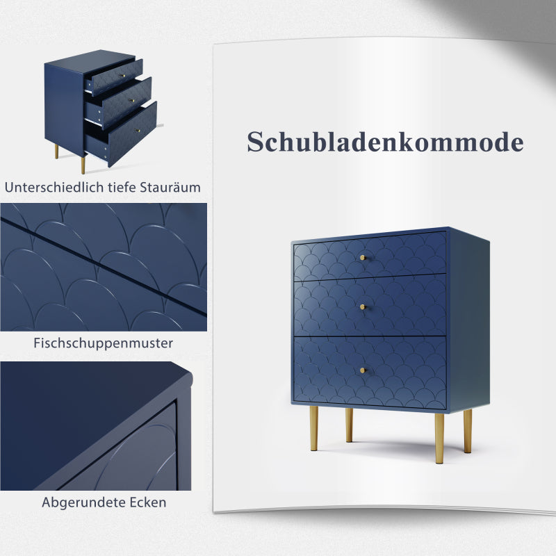 [NEW] Schubladenkommode Kommode mit 3 Schubladen, Sideboard Highboard für Schlafzimmer & alle Wohnräume,Marineblau-H89/B75/T40 cm