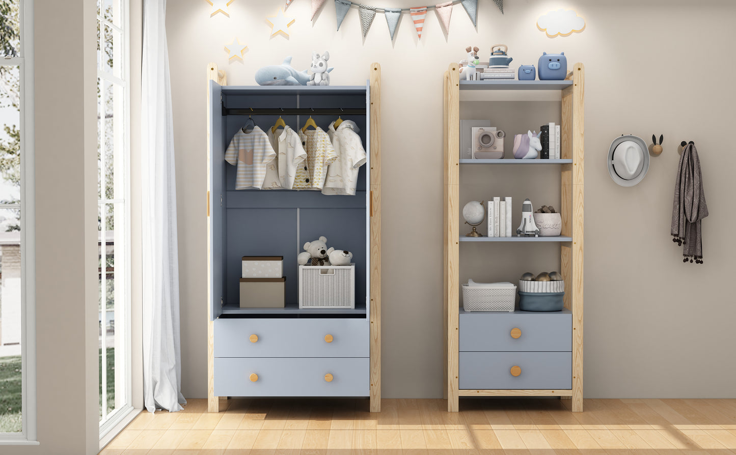 Standregal, 2 Schubladen, 4 Ebenen Bücherregal, Kieferrahmen, Vollholzgriffen, für Wohnzimmer, Schlafzimmer, Bücherzimmer, blau+natürliches Holz