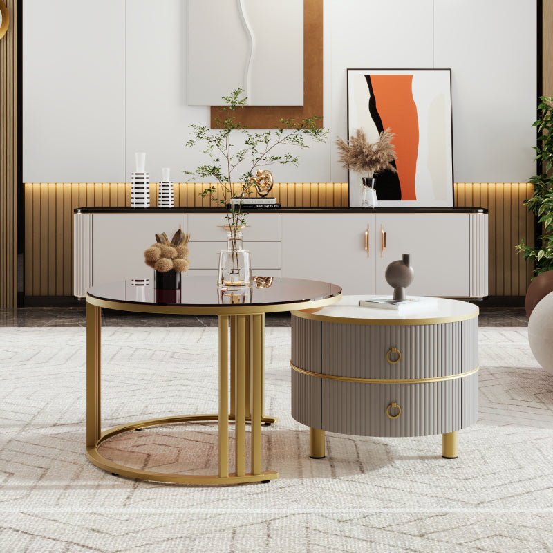 2-in-1 runder MDF-Couchtisch, Beistelltisch mit 1 Hochglanz-Tischplatte und 1 brauner Tischplatte aus gehärtetem Glas, Wohnzimmer-Couchtischkombination mit 2 Schubladen, 70*70*45 + 50*50*40 cm