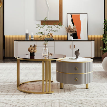 2-in-1 runder MDF-Couchtisch, Beistelltisch mit 1 Hochglanz-Tischplatte und 1 brauner Tischplatte aus gehärtetem Glas, Wohnzimmer-Couchtischkombination mit 2 Schubladen, 70*70*45 + 50*50*40 cm