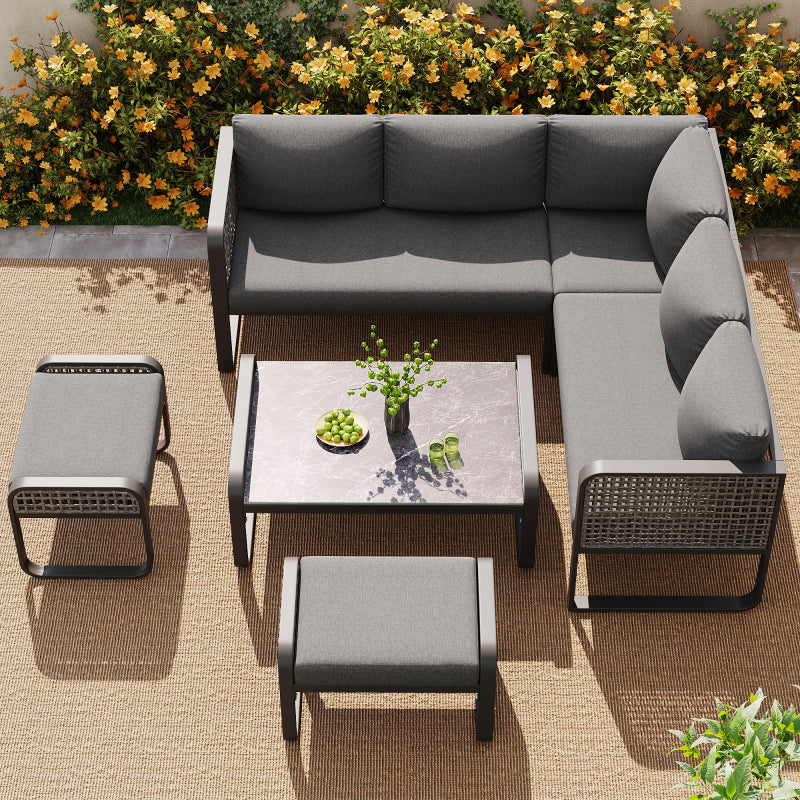 Garten-Lounge-Set, Rattan-Möbel-Set für 6-7 Personen, Ecksofa mit verzinktem Eisengestell, verstellbare Beine, inklusive aller Sitz- und Rückenkissen, grau