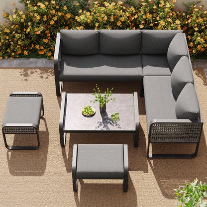 Garten-Lounge-Set, Rattan-Möbel-Set für 6-7 Personen, Ecksofa mit verzinktem Eisengestell, verstellbare Beine, inklusive aller Sitz- und Rückenkissen, grau