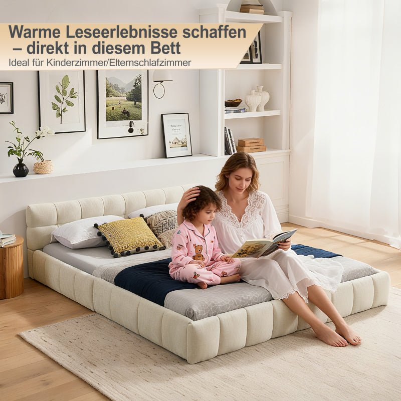 Doppelbett 160x200 cm, Bett mit seidig weichem Chenille - Bezug, quadratischem Steppdesign, Beige (ohne Matratze)