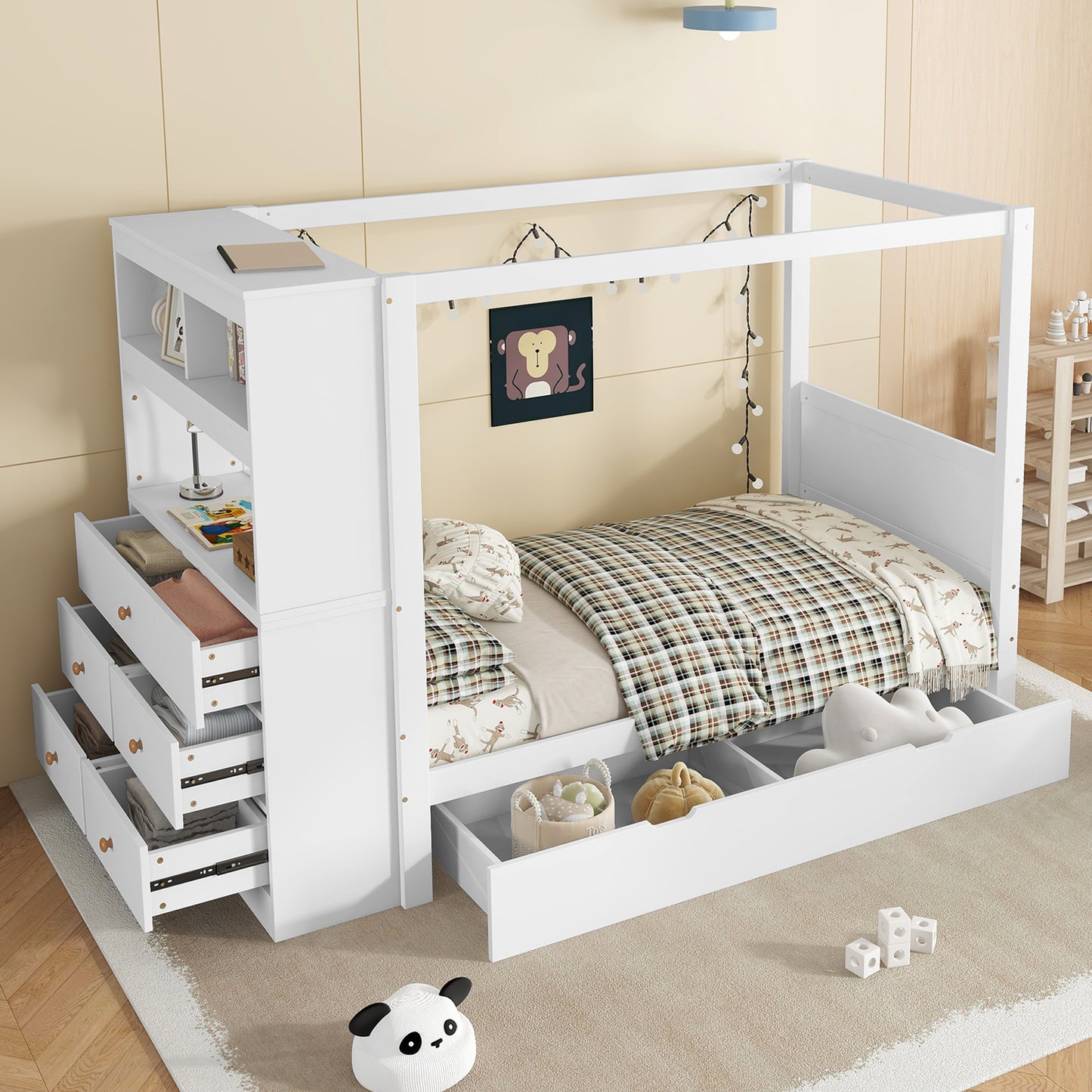 Einzelbett, Kinderbett mit Fallschutz und Gitter,  Holzbett mit Stauraum, Weiß+Natur,  90x200cm