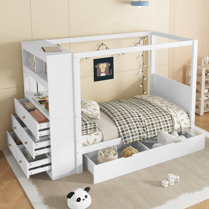 Einzelbett, Kinderbett mit Fallschutz und Gitter,  Holzbett mit Stauraum, Weiß+Natur,  90x200cm