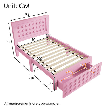 Holzbett Einzelbett 90x200 cm, Kinderbett Jugendbett mit Kreativem Block Design, Massivholz Bettgestell mit Lattenrost, mit Schubladen & Unterm Bett Stauraum, Rosa, Ohne Matratze