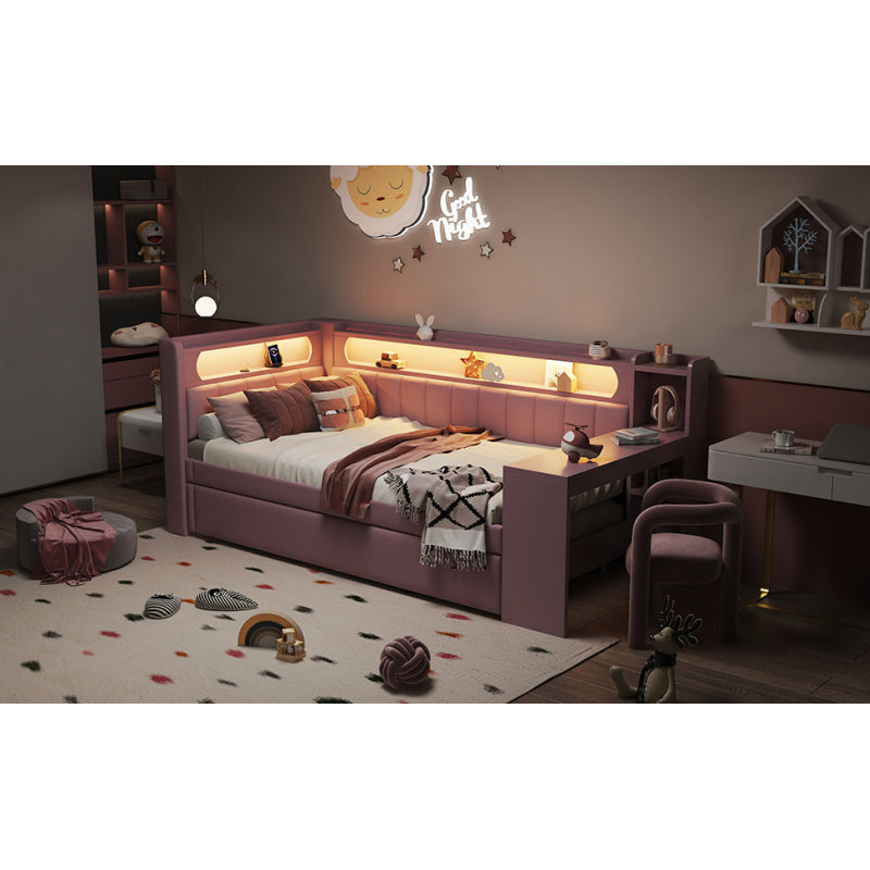Gepolstertes 90x200 Tagesbett mit USB-Anschlüssen und LED-Gürtel, mit Ausziehbett und Schreibtisch, Rosa