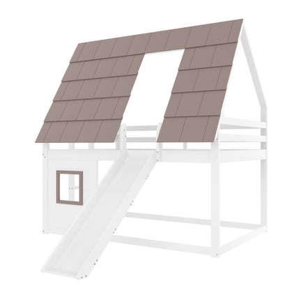 140 x 200 Holzhaus-Etagenbett mit Dach, Leiter und Rutsche, Weiß+Braun