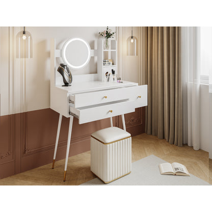 Schminktisch(Ohne Stühle), mit Spiegel einstellbare Helligkeit, mit 3 Schubladen, luxuriöses vergoldetes Zubehör, High-End Schminktisch mit mehreren Stauräumen, Weiß