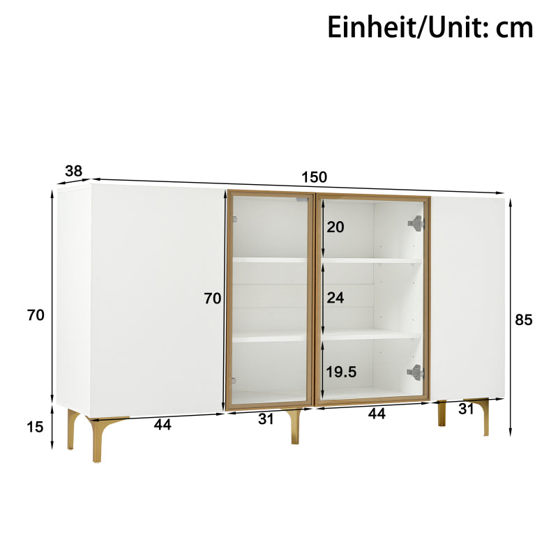 Elegantes 4-Tür Sideboard, Modernes Design, Grifflos, Viel Stauraum, Weiß