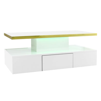 Couchtisch, Tisch mit Schubladen, Hochglanzlackierung, Beistelltisch mit zwei Ablageebenen. Mit LED-Licht