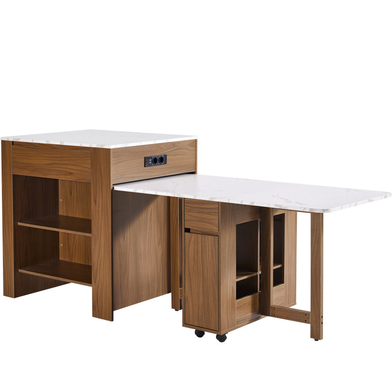 Ausziehbarer Bartisch mit Stauraum(110-124×78×97.5cm), für 2-6 Personen, Kücheninseln mit 2 Schubladen, 2 seitliche offene Regale und eingebaute Steckdose,Tischplatte aus weiß marmoriertem MDF,Braun