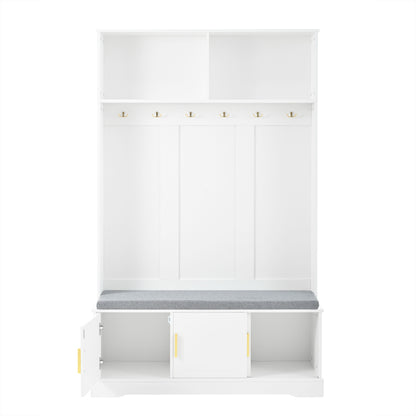 Garderobenständer mit  Schuhbank, Garderobe,  6 Dreifach-Haken,freistehend, platzsparend, für Eingangsbereich,Flur, Weiß