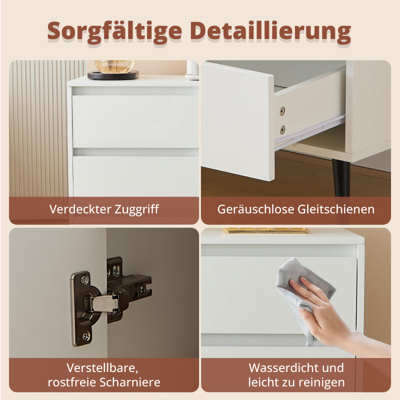 Modernes weißes Sideboard mit LED-Beleuchtung, 6 geräuschlosen Schubladen, Push-Open-Türen, Hochglanzlackierung, mattschwarzen Metallbeinen, 120x40x80 cm – ideal für Küchen, Ess- und Wohnbereiche