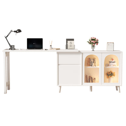 Schreibtisch mit LED - 2-in-1 Sideboard und Arbeitsplatte, 360° drehbar, mit Acryltür, FSC-zertifiziert, weiß, 120×40×78 cm