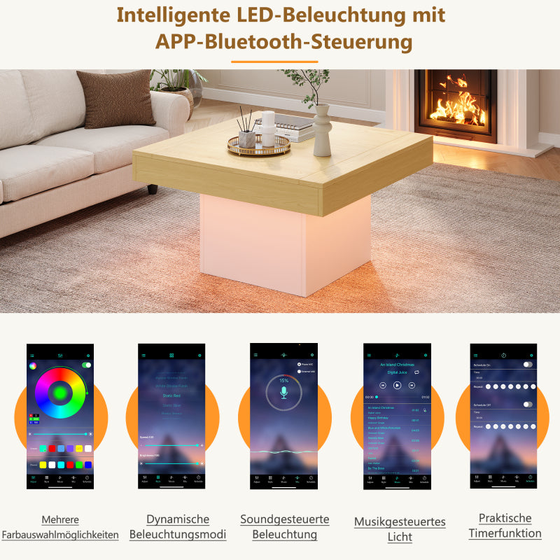 Kreativer LED-Couchtisch in Pilzform, 70x70x40 cm – Stilvoller, quadratischer Beistelltisch, 30 kg Tragkraft, modernes Design für Wohnzimmer