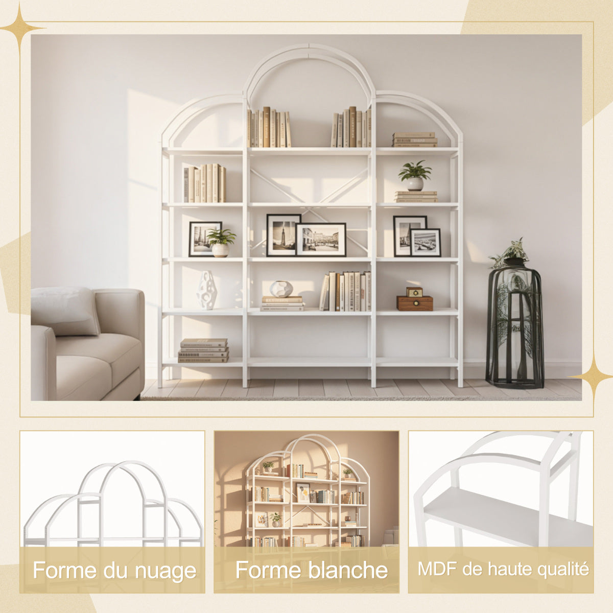 Regal 170x26x190 cm aus Stahl & MDF, 5 Ebenen Bücherregal mit Wolken-Dekor, modernes Standregal, stabil & pflegeleicht, Weiß