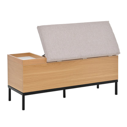 Sitzbank mit Stauraum 115 cm, Gepolsterte Truhenbank Holzoptik Natur, Stoffbezug Hellgrau, Flurbank