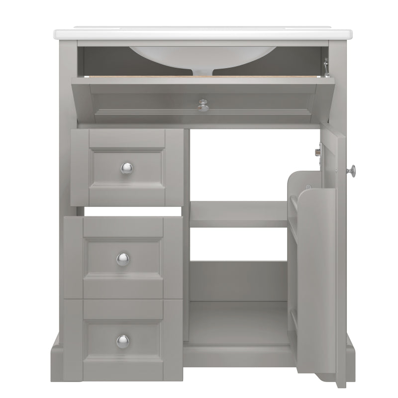76x46x87cmBodenstehender Badezimmerschrank mit Waschbeck, Waschtisch, feuchtigkeitsbeständig lackiert, Soft-Close-Schubladenführungen, Türregale,ausklappbare Schublade,verstellbare Ablagefläche, grau