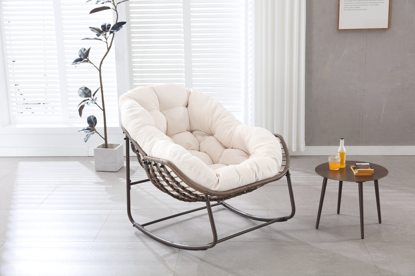 Outdoor Rocking Chair, Patio Oversized Wicker Egg Rocking Chair, Indoor & Outdoor Comfy Rocker Chair with Thick Cushion, Modern Lounge Chair for Balcony, Front Porch, Garden, Backyard, Deck White