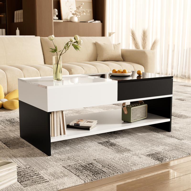 Moderner Couchtisch mit 2 Schubladen – Schwarz-Weiß-Design, Stauraum, Hochglanz-Tischplatte, 100 cm lang