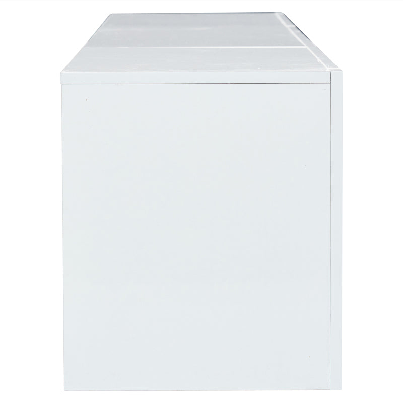 Weißer Hochglanz-TV-Schrank mit LED-Beleuchtung und Stauraum, weißes niedriges Paneel, bietet Platz für 80-Zoll-Fernseher, TV-Unterschrank mit herunterklappbarer Schranktür, 190 x 24 x 40 cm
