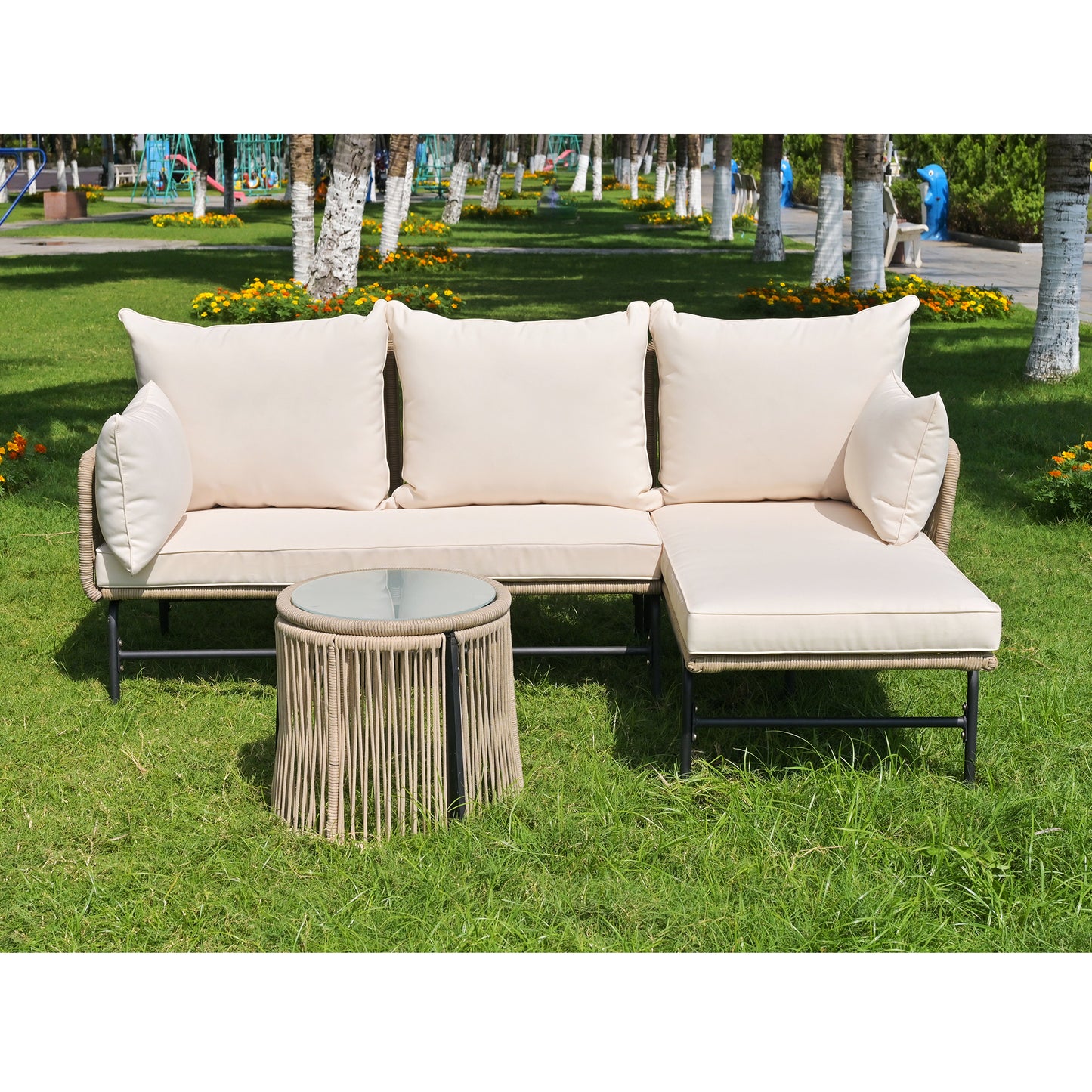 Gartenlounge-Set, Gartenmöbel-Set, Gartenlounge mit Eisengestell und beigem Seilbezug, Gartenmöbel aus gewebtem Seil für den Außenbereich, L-förmiges Gesprächsset mit Tisch, Beige