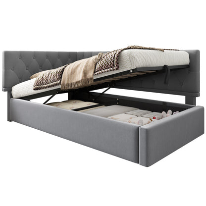 Polsterbett Tagesbett Daybett 90x200cm, Schlafsofa mit hydraulischem Stauraum, Kinderbett Jugendbett Bettgestell mit Lattenrost aus Holz, Samt, Grau, ohne Matratze.
