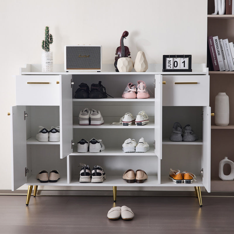 Schuhschrank, Schuhregal mit 2 Schubladen und 4 Türen, Metallfüße, weiß