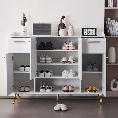 Schuhschrank, Schuhregal mit 2 Schubladen und 4 Türen, Metallfüße, weiß