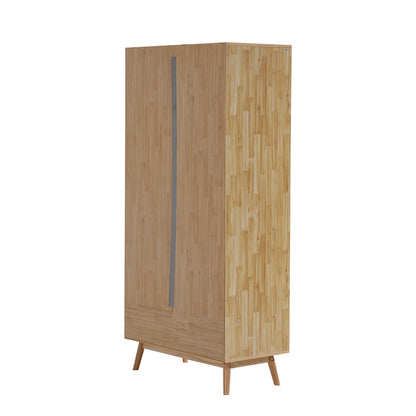 Kleiderschrank mit Stange, 2-türiger Kleiderschrank, Schlafzimmer, Rattannetz, Wohnzimmer, mit unterem Flip-Top-Deckel, Spanplatten+PE-Rattan, Natur