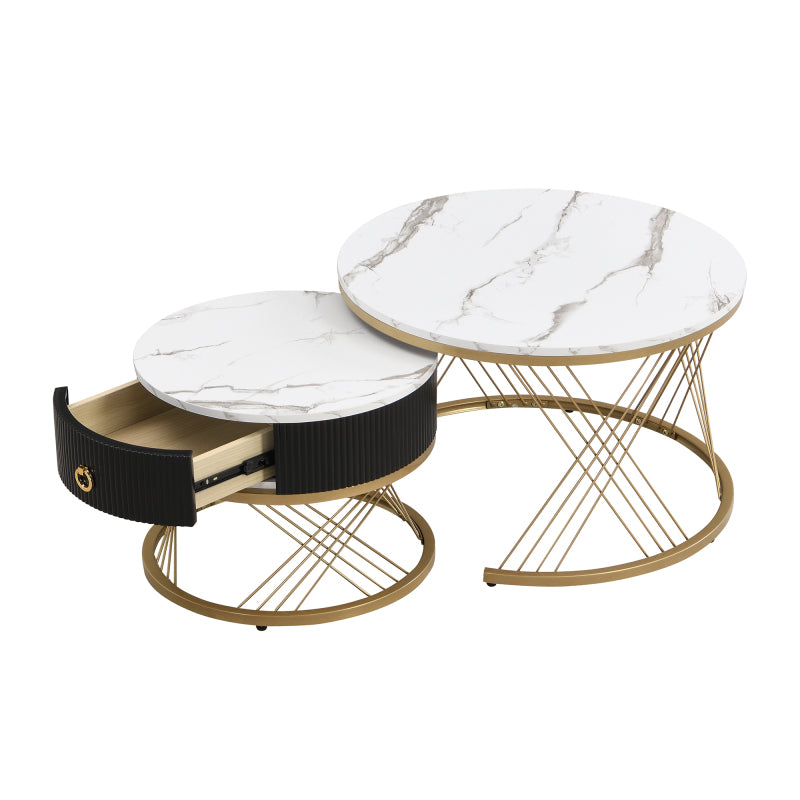 Eleganter zusammensetzbarer Couchtisch: Marmoroptik, Golddekor, Beistelltisch mit Schubladen – 2er-Set