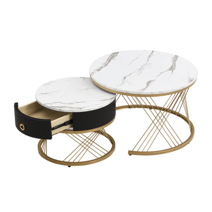 Eleganter zusammensetzbarer Couchtisch: Marmoroptik, Golddekor, Beistelltisch mit Schubladen – 2er-Set