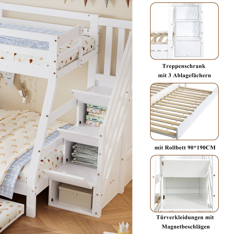 Etagenbett mit Rollbett, Kinderbett mit Leiterschrank und Handlauf, mit Fallschutzgitter an allen Seiten, Kiefer+MDF, Weiß, 90x190CM Rollbett, 90/120x200CM