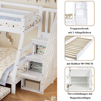 Etagenbett mit Rollbett, Kinderbett mit Leiterschrank und Handlauf, mit Fallschutzgitter an allen Seiten, Kiefer+MDF, Weiß, 90x190CM Rollbett, 90/120x200CM