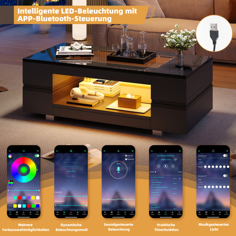 Schwarzer LED-Couchtisch mit Bluetooth-App-Steuerung, doppelschichtiger Hochglanz-Hohldesigntisch, geeignet für Partys, Büros, Wohnzimmer