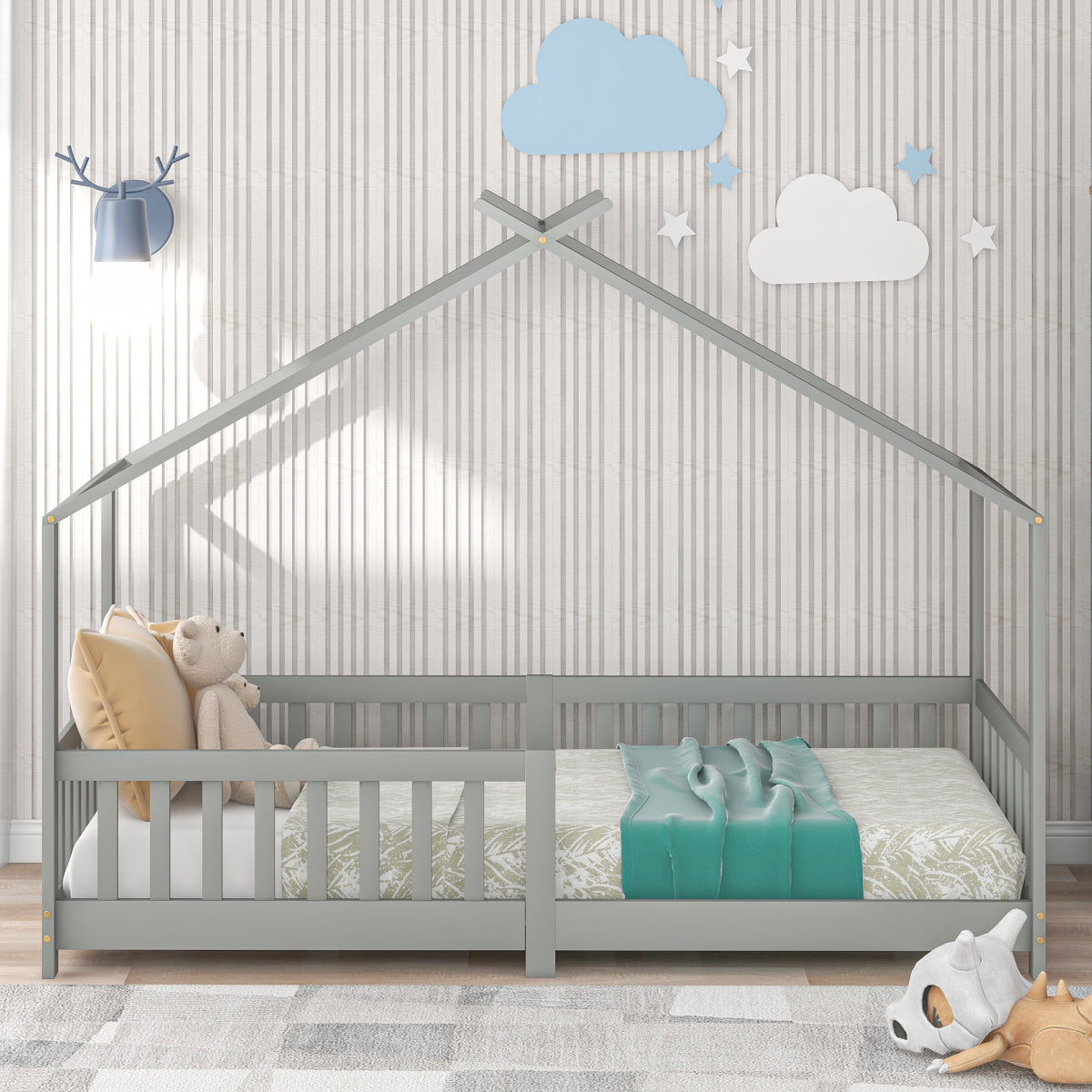 Hausbett 90x200 Grau, Kinderbett mit Rausfallschutz & Lattenrost, Abenteuerbett Kiefer Massivholz