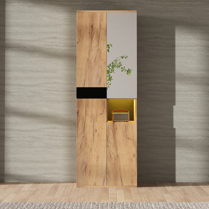 Hochschrank Schwarz/Natur 65x35x190 cm mit Spiegel, 4 Türen & offenem Fach, Mehrzweckschrank mit Stauraum