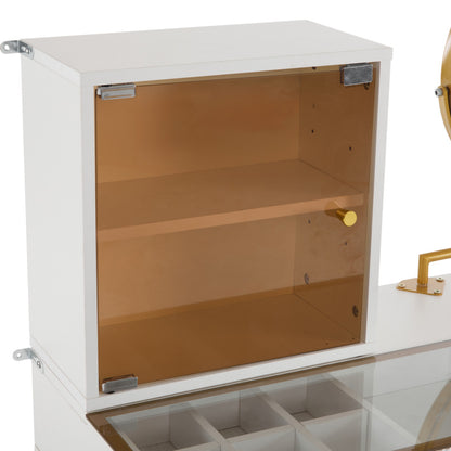 Schminktisch-Set mit LED-beleuchtetem Spiegel, transparenter Tischplatte aus gehärtetem Glas, Schminktisch-Seite und Schrank, elegante Möbel, weiß, Maße: 120 x 45 x 115 cm(ohne Hocker)