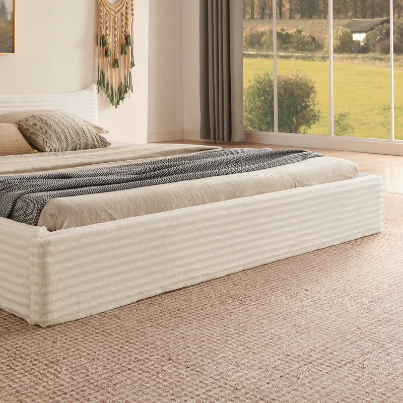 Doppelbett 160x200cm, mit Samtweichem Chenille-Bezug & Elegantem Kleinkantendesign am Kopfende, Beige (ohne Matratze)