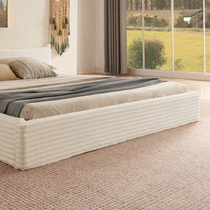 Doppelbett 160x200cm, mit Samtweichem Chenille-Bezug & Elegantem Kleinkantendesign am Kopfende, Beige (ohne Matratze)