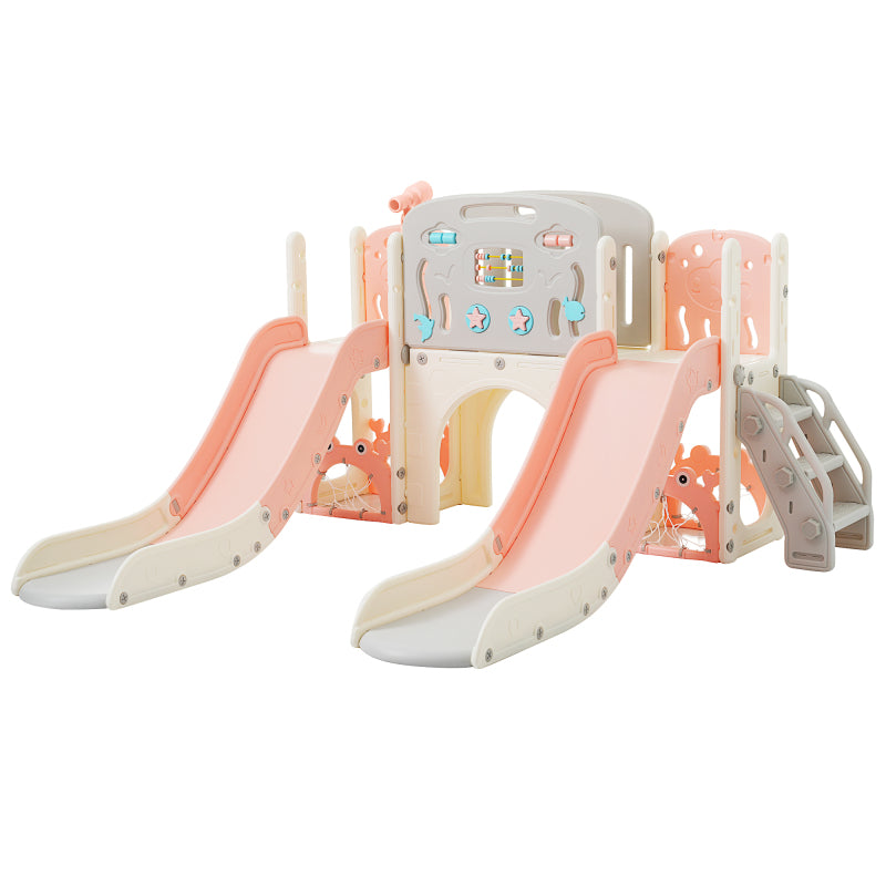 Kinderspielplatz-Set 8-in-1, Freistehendes Meerestier-Motiv-Set mit Rutsche, Bogentunnel, Basketballkorb und Teleskop, Doppelte Rutschen für Kleinkinder, Klettergerüst für Kinder