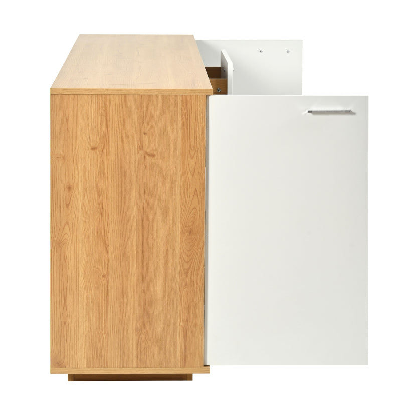 Modernes Sideboard-Schrank mit viel Stauraum, mit LED-Beleuchtung, 160x40x77cm, 2 Türen, 4 Schubladen, Glasablage, Holzoptik, Weiß,Wohnzimmermöbel, Organizer, Kommode, Mehrzweckschrank.