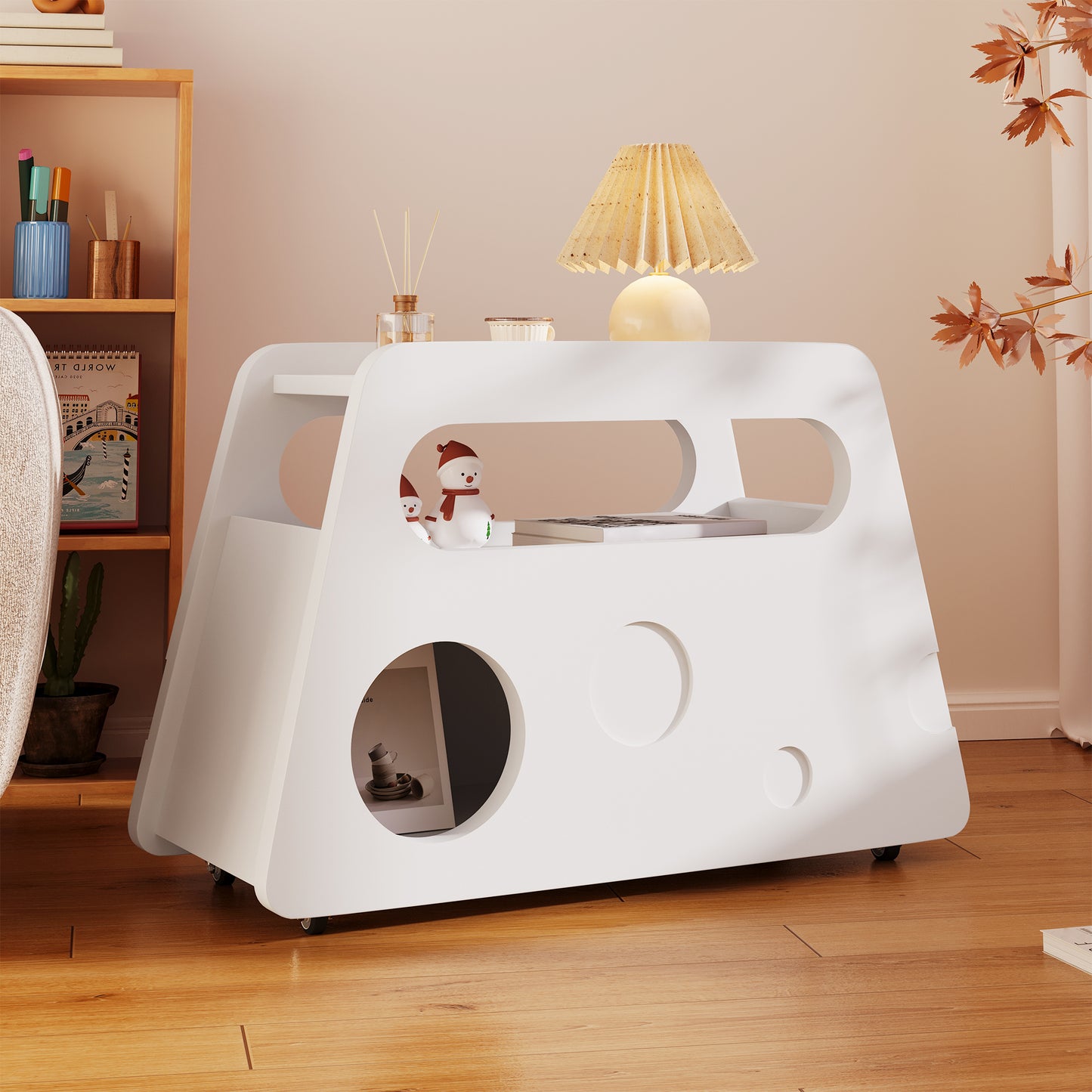 Moderner Beistelltisch mit Rollen, platzsparend, ideal für Wohnzimmer und Schlafzimmer, Weiß