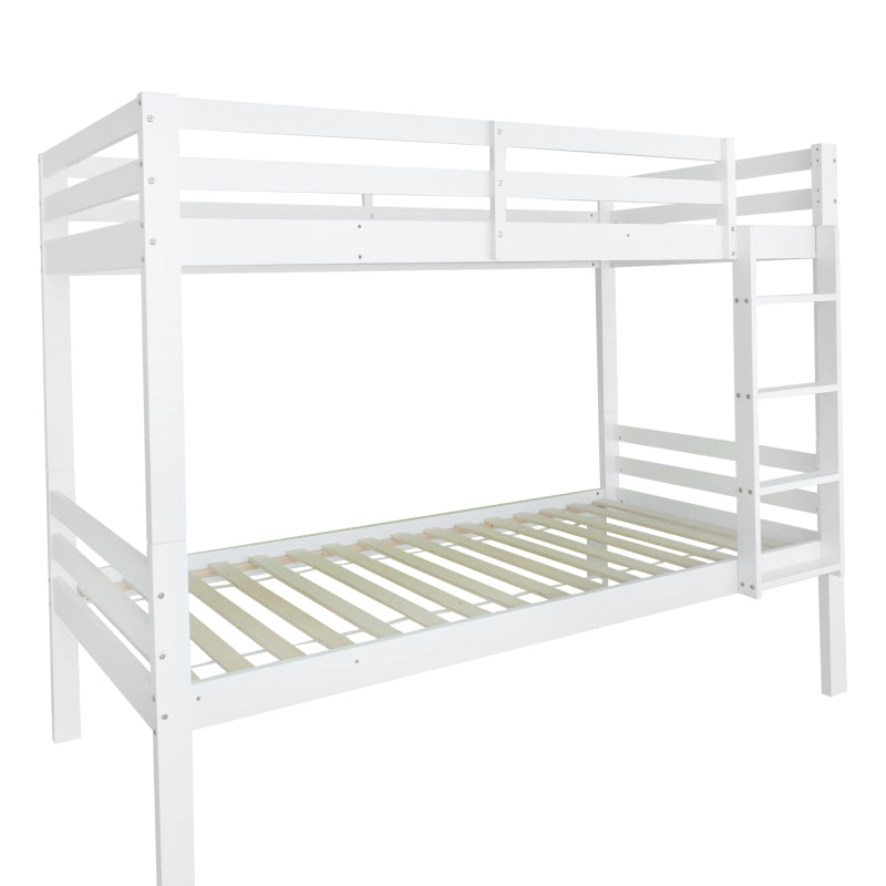 Etagenbett für Kinder, Kinderbett mit dreistufiger Winkelleiter und Absturzsicherung, Bett aufgeteilt in 2 Einzelbetten, Jugendbett, Einzelbett, Rahmen aus Kiefer, Weiß, 90x200cm